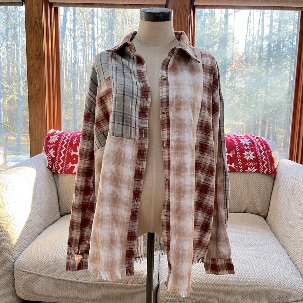 Frayed Edge Bohemian Plaid Shirt in Sage Rust